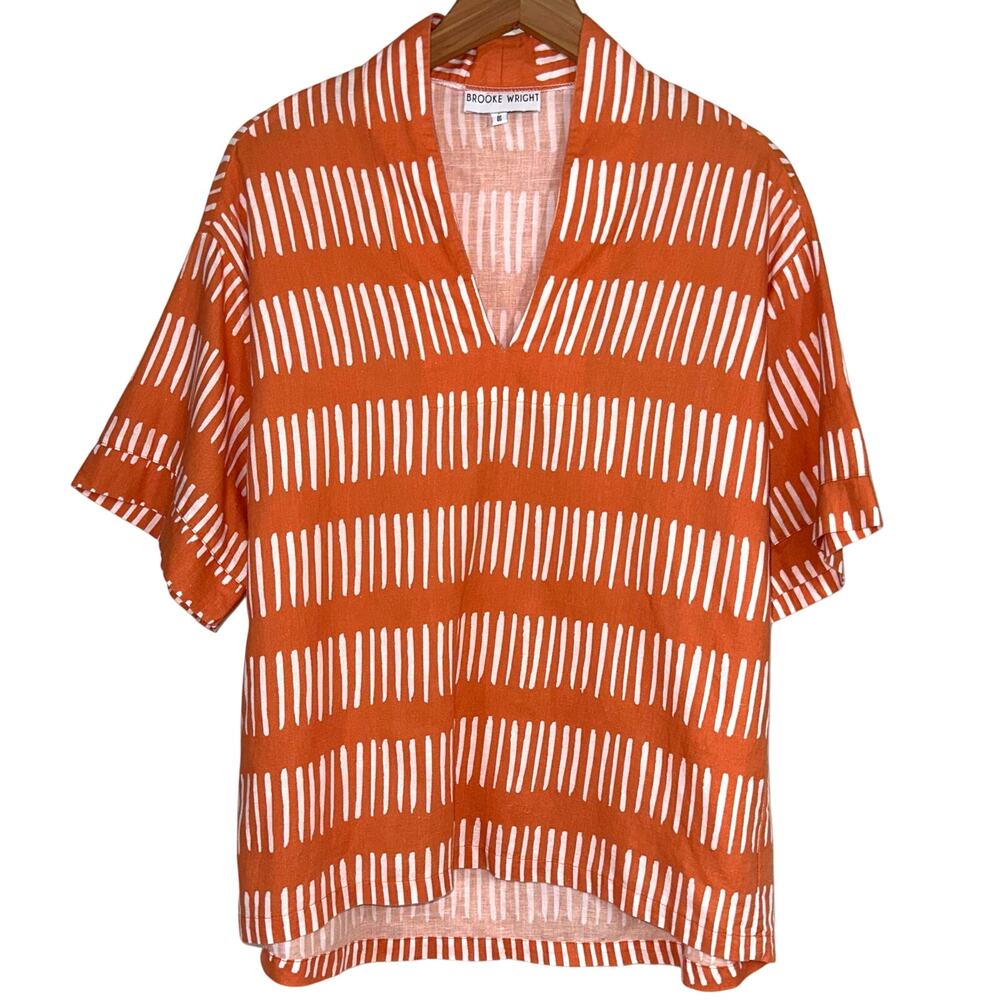 Brooke Wright Linen Cotton Blend Orange Stripe Kimono Tunic Top One Size OS